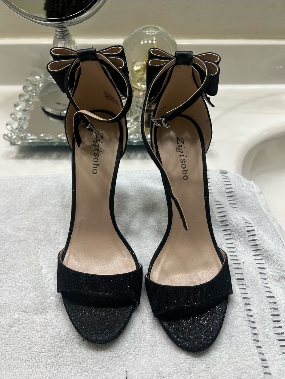 Zigi Soho Black Glitter Open-Toe Ankle-Strap Heels with Bow